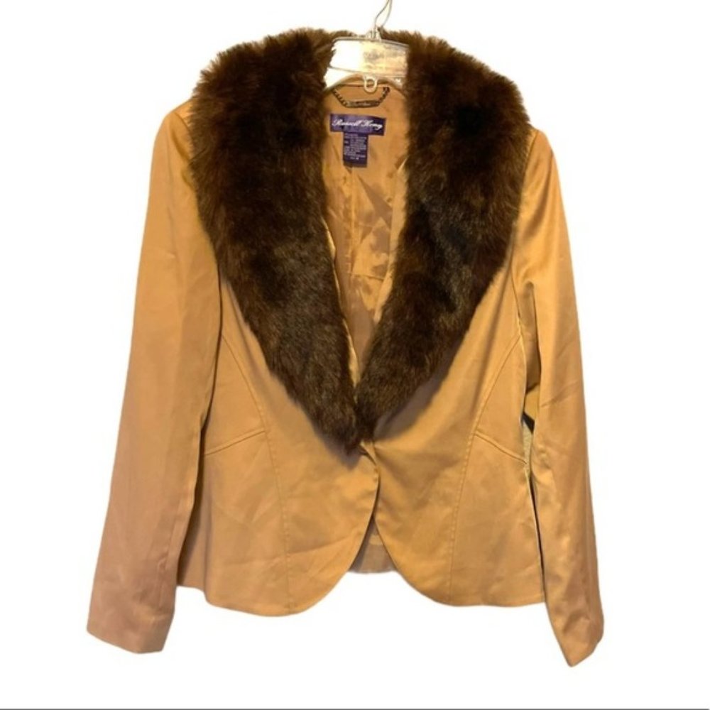 Faux Fur Collared Jacket Womens Size 10 Russell Keng Carmel Color 1 Button Close